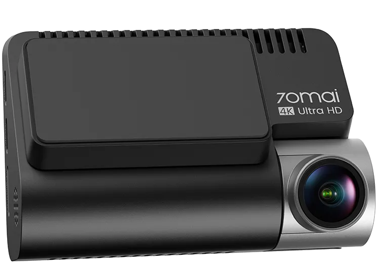 Elegancka, czarna kamera samochodowa 70mai 4K Ultra HD ze srebrnym pierścieniem obiektywu.