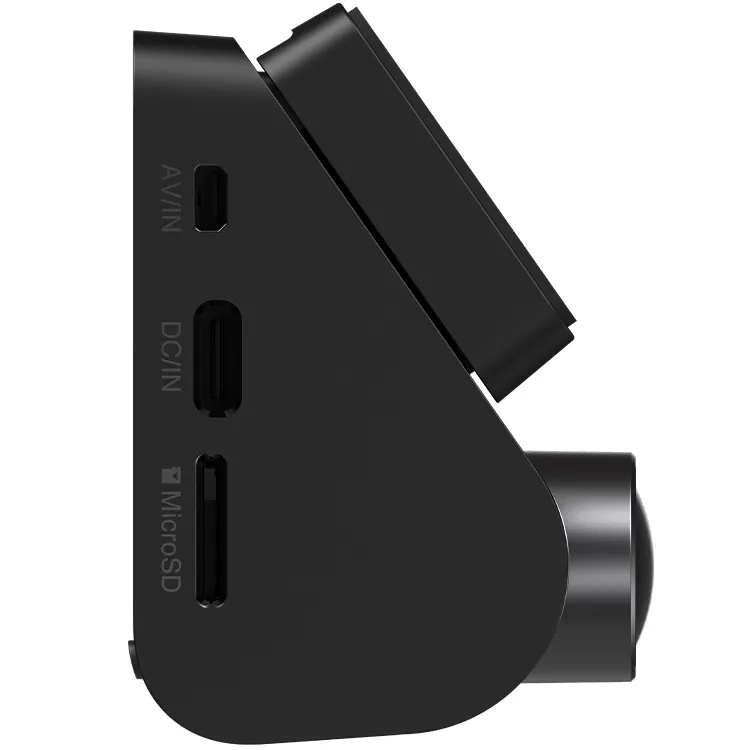 Czarny profil boczny kamery samochodowej z portami AV/IN, DC/IN i MicroSD.