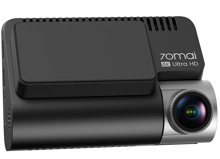 Czarny rejestrator samochodowy 70mai 4K Ultra HD z obiektywem.