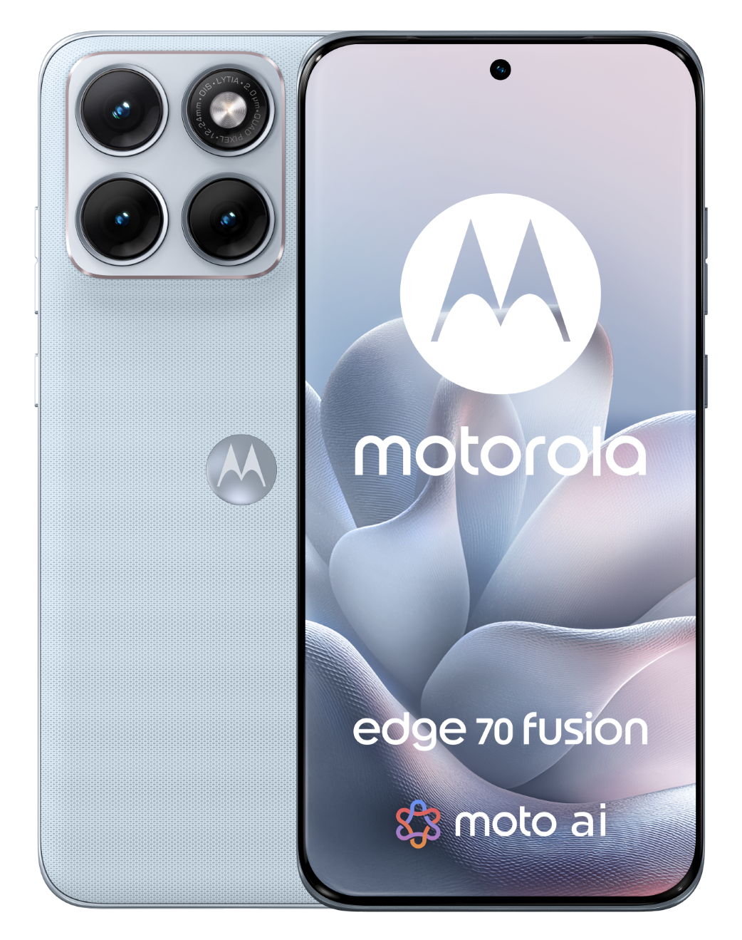 Jasnoniebieski smartfon Motorola Edge 70 Fusion z czterema aparatami z tyłu.