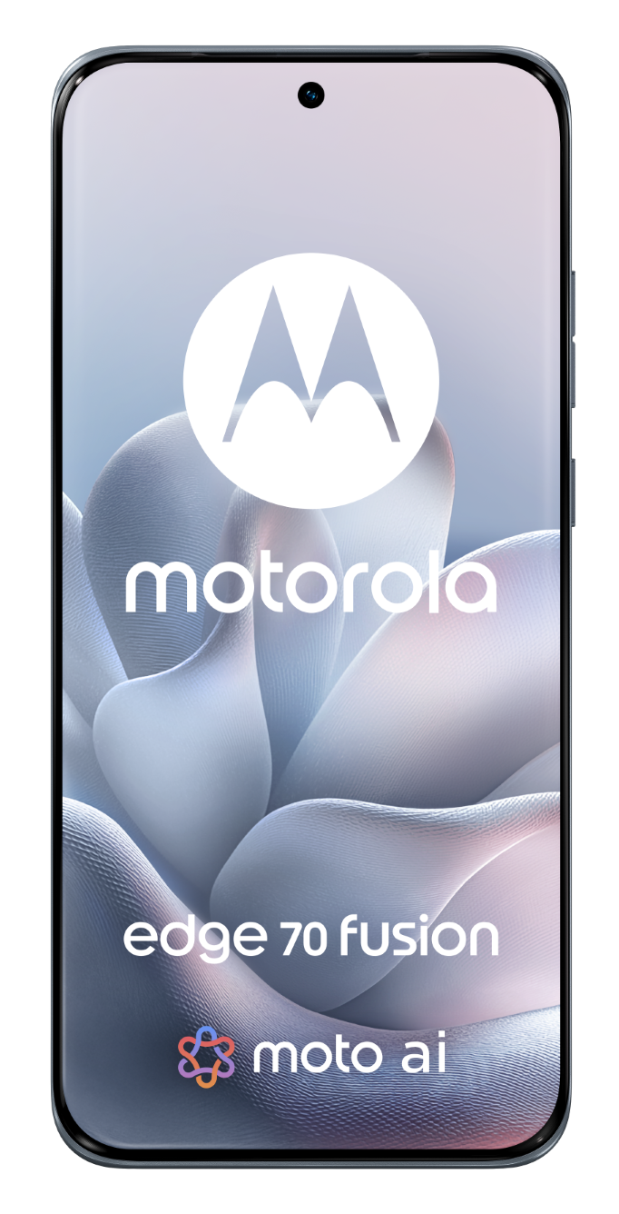Smartfon Motorola Edge 70 Fusion z logo Motoroli na stylizowanym tle.