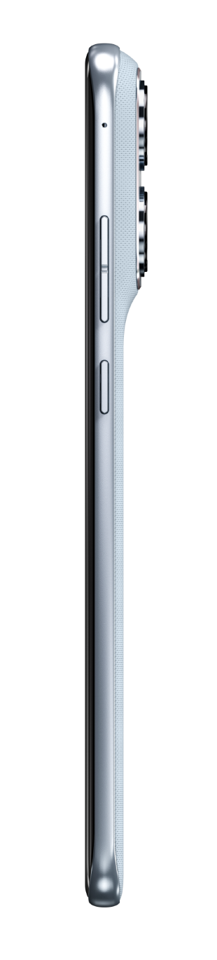 Widok z boku jasnoniebieskiego smartfona z aparatami z tyłu.