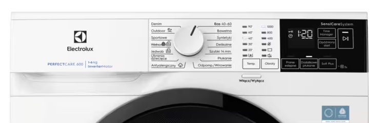 Widok z przodu białej pralki Electrolux z panelem sterowania i wyświetlaczem.