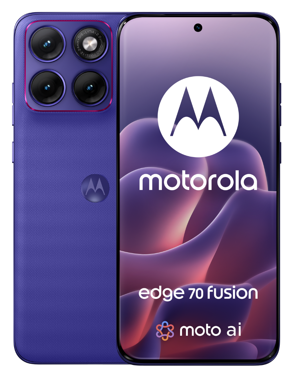 Fioletowy telefon Motorola Edge 70 Fusion. Tylny moduł aparatu i ekran.