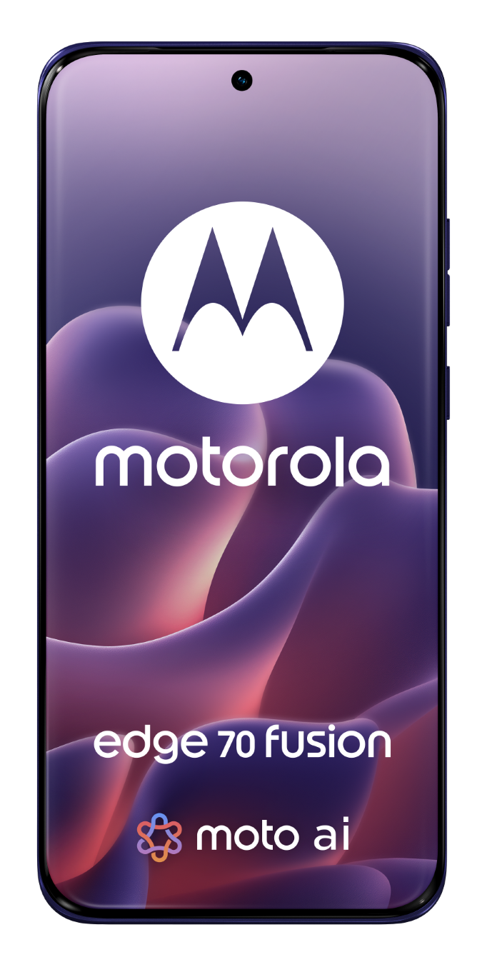 Smartfon Motorola Edge 70 Fusion z logo moto AI na fioletowym tle.