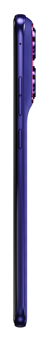 Boczna strona fioletowego smartfona z aparatami i przyciskami na czarnym tle.