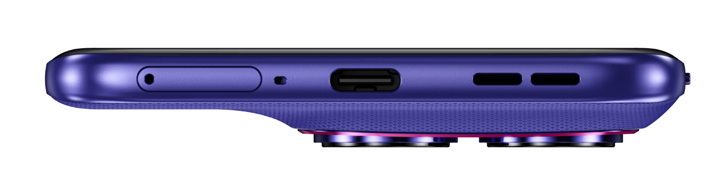 Dolna krawędź fioletowego smartfona z portem USB-C, mikrofonem i grillami głośników.