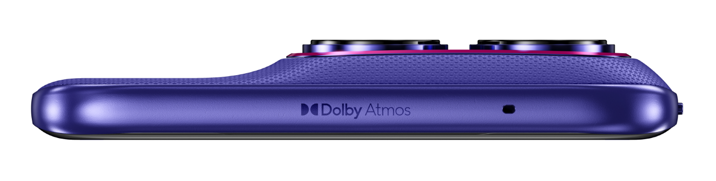Fioletowy telefon z logo Dolby Atmos, na czarnym tle.