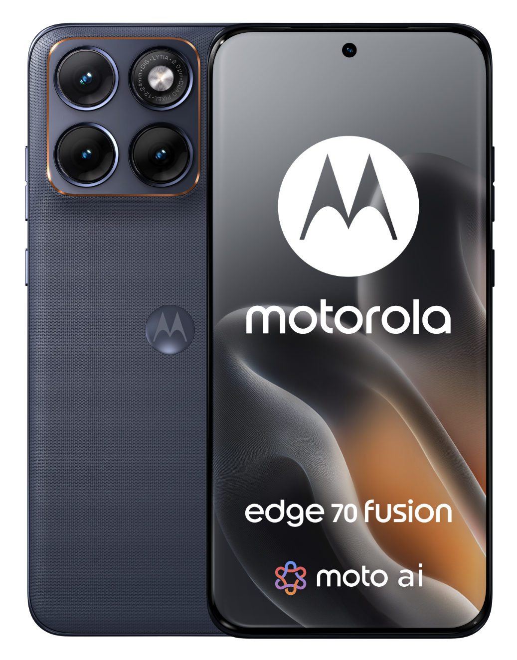 Ciemnoszary smartfon Motorola Edge 70 Fusion z poczwórnym aparatem z tyłu.