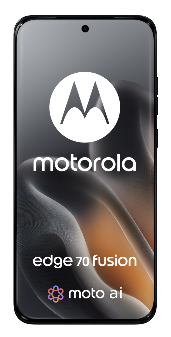 Motorola Edge 70 Fusion z logo Moto AI na szarym tle.