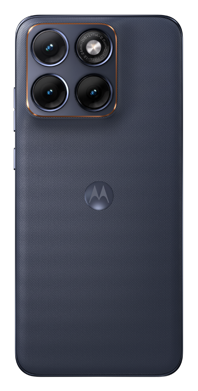 Ciemnoszary smartfon z poczwórnym aparatem i logo Motoroli.