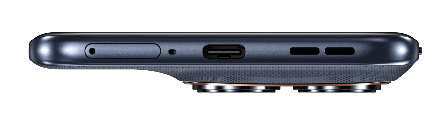 Spód ciemnego smartfona z portem USB-C, grillami głośników i aparatami.