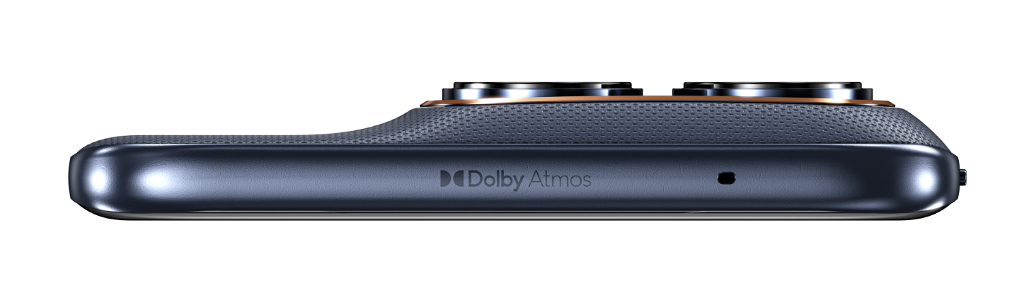 Zbliżenie niebieskiego smartfona z logo Dolby Atmos.