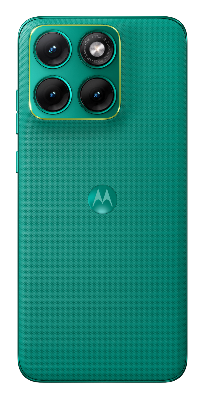 Tył turkusowego smartfona Motorola z czterema aparatami i logo.