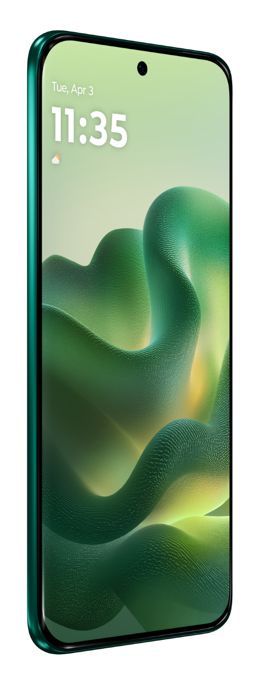 Zielony smartfon wyświetla 11:35 z abstrakcyjną zieloną falistą grafiką w tle.