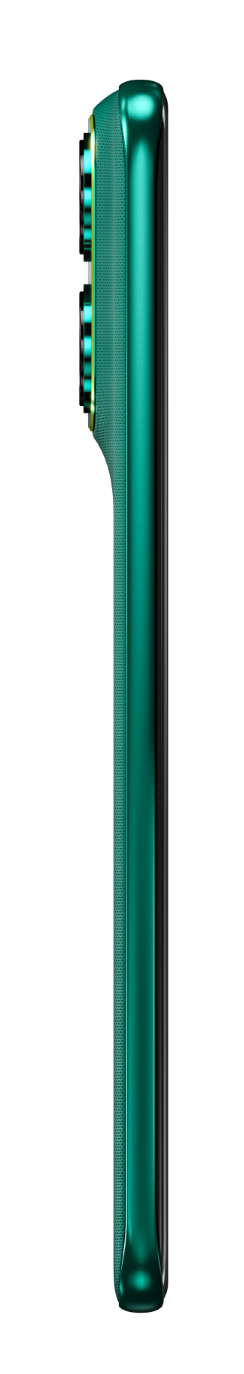 Zielony smartfon w profilu z trzema obiektywami na czarnym tle.