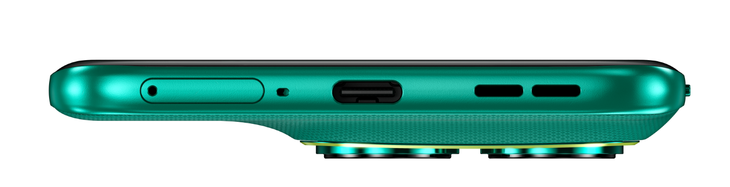 Zielony smartfon z portem USB-C, głośnikiem i mikrofonem.