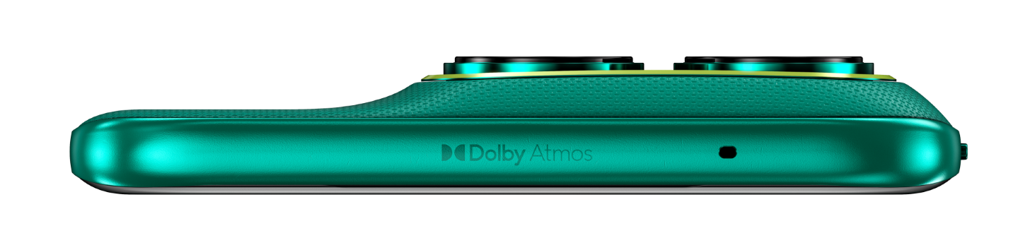 Boczny widok turkusowego smartfona z logo Dolby Atmos i podwójnymi aparatami.