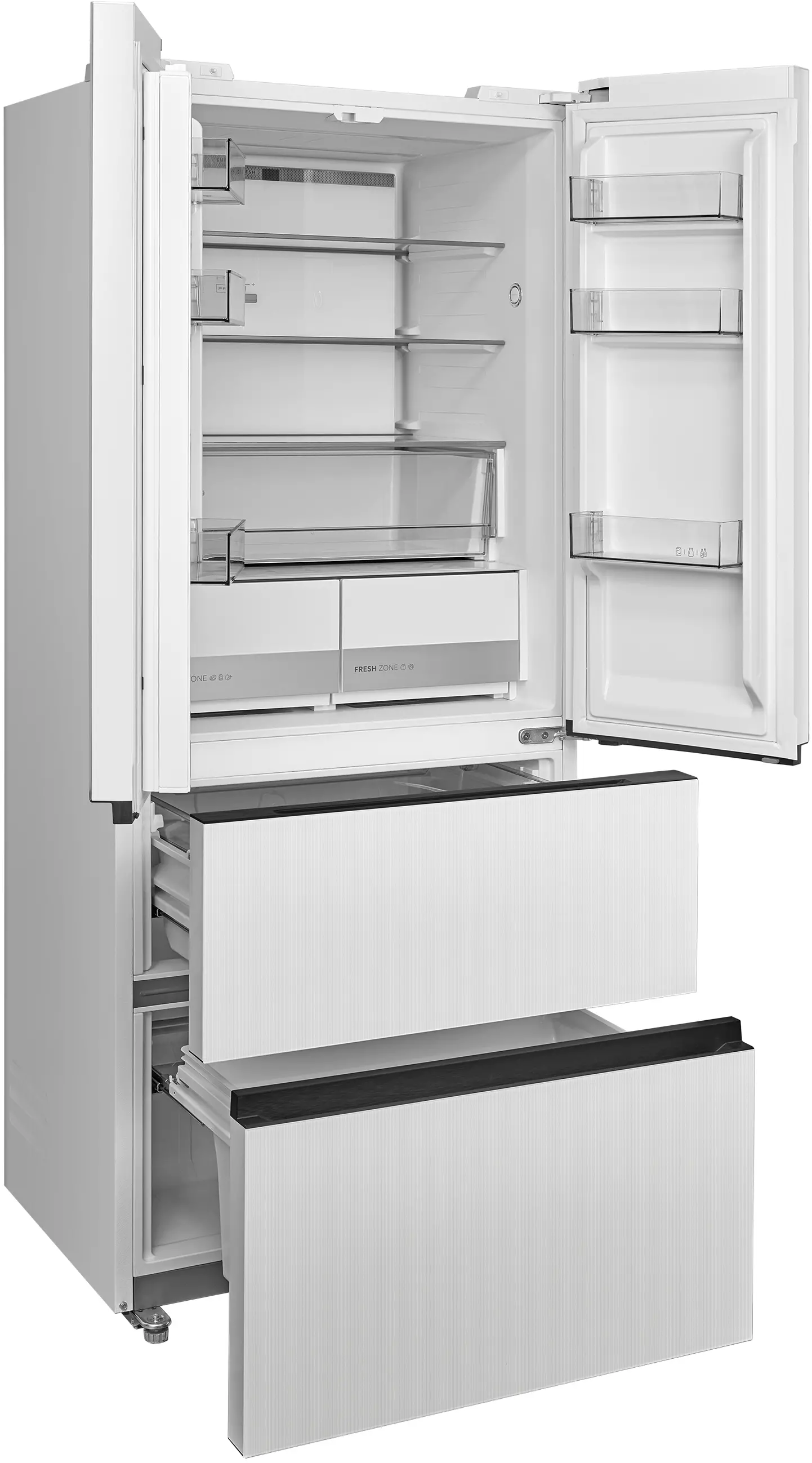 Ein offener weißer Kühlschrank mit mehreren Fächern und Schubladen.
