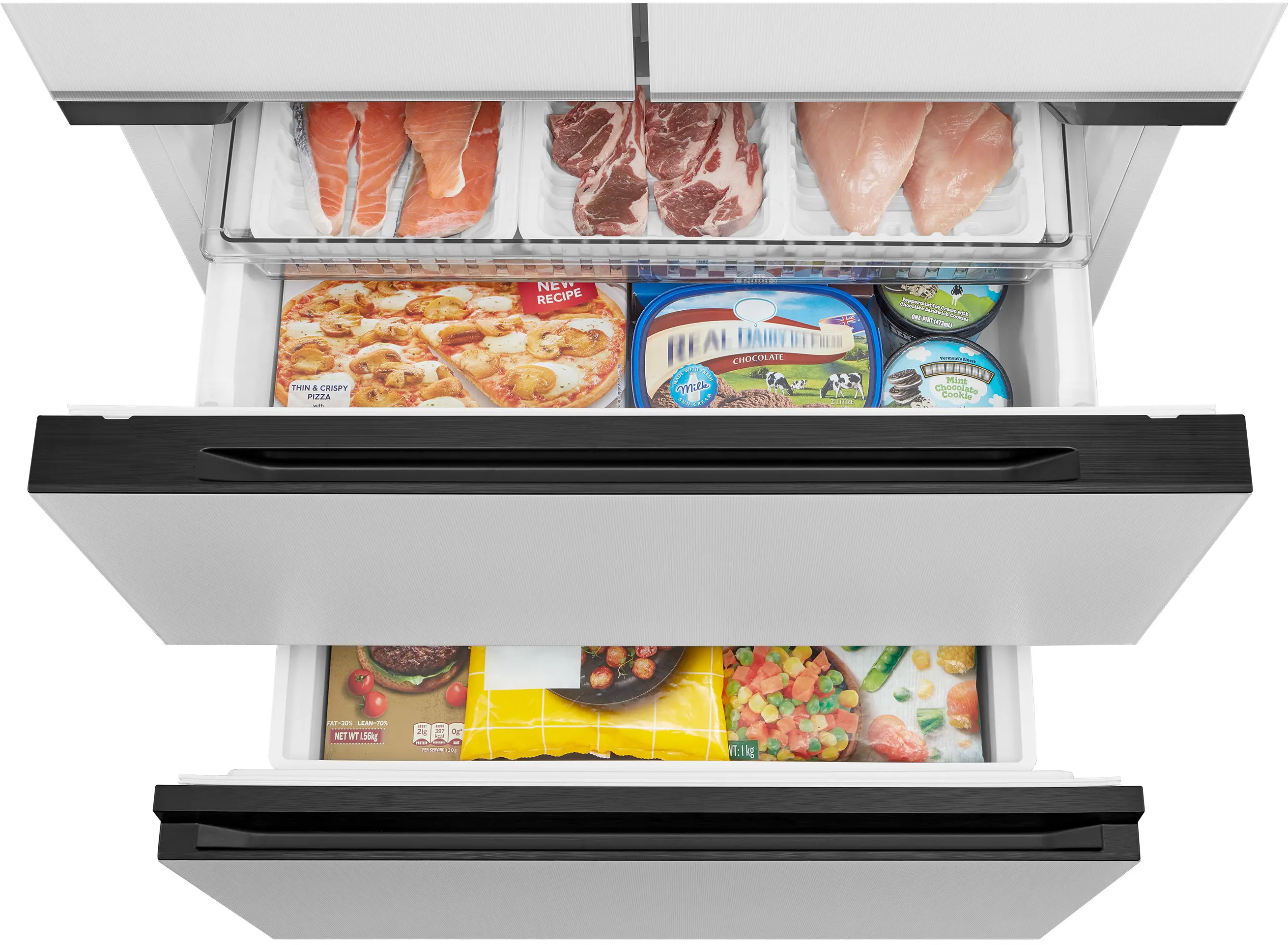 Gefrierschrank mit Fisch, Fleisch, Hähnchen, Pizza, Eis und Gemüse.