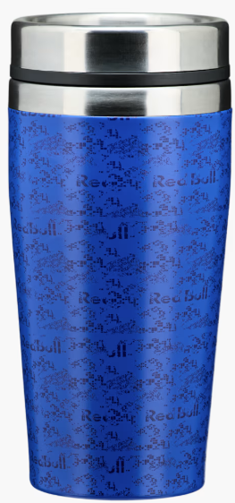 Blauer Becher mit silbernem Deckel und Red Bull Logo wiederholt.