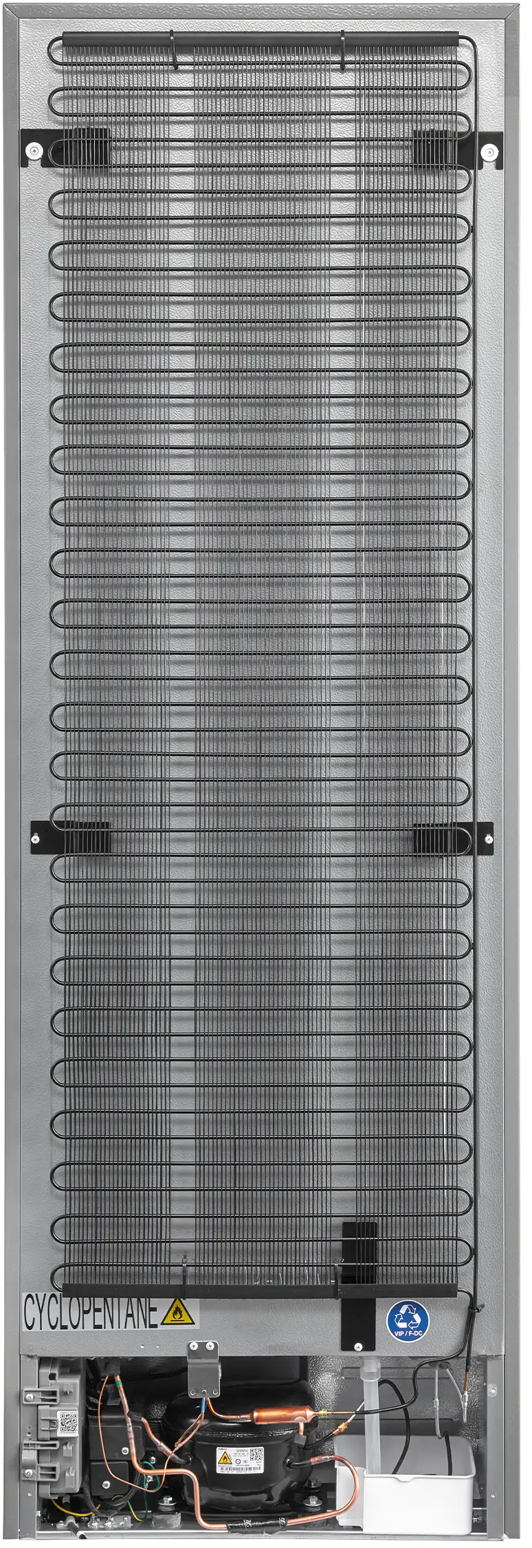Rückseite eines Kühlschranks mit Kondensatorspulen und Kompressor.