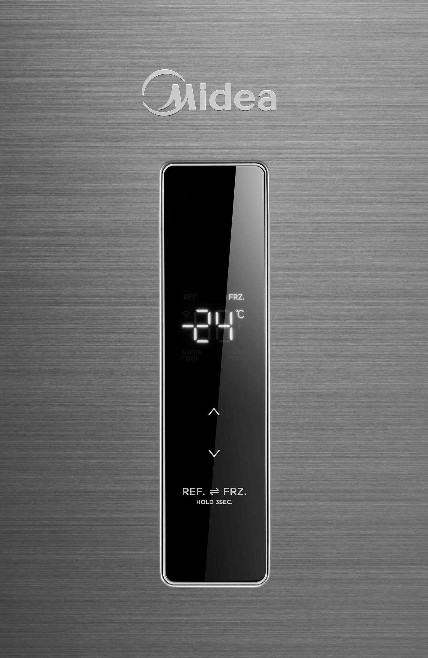 Midea-Kühlschrankdisplay zeigt -24 Grad Celsius an, mit Optionen für Super Cool und Super Freeze.