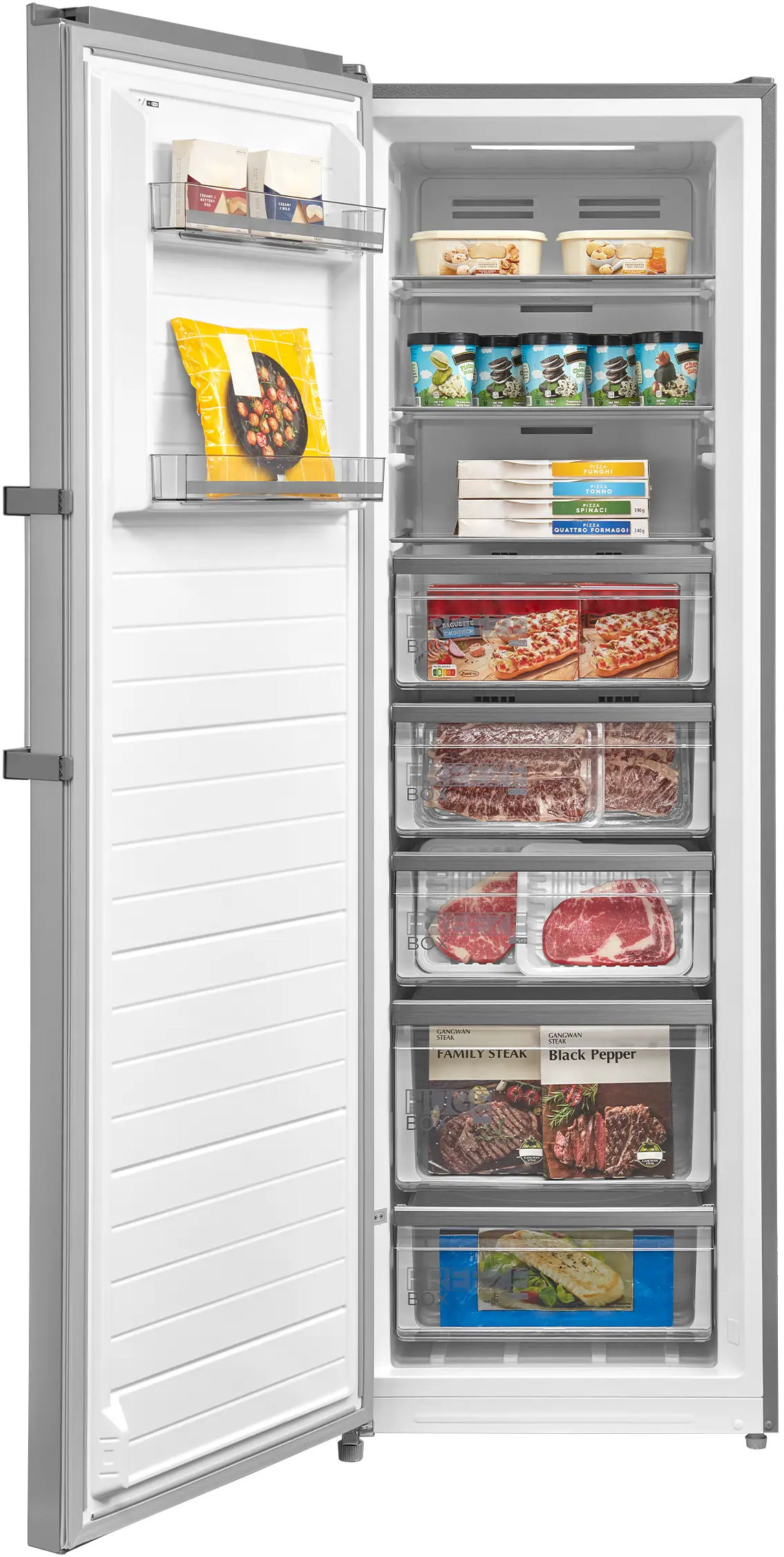 Ein offener Gefrierschrank mit gefrorenen Lebensmitteln: Pizzen, Fleisch und Eiscreme.