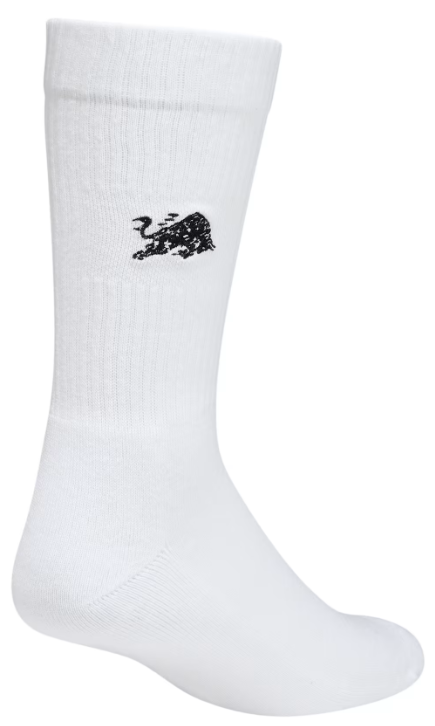 Weißer Socken mit schwarzem Stiersymbol oben.