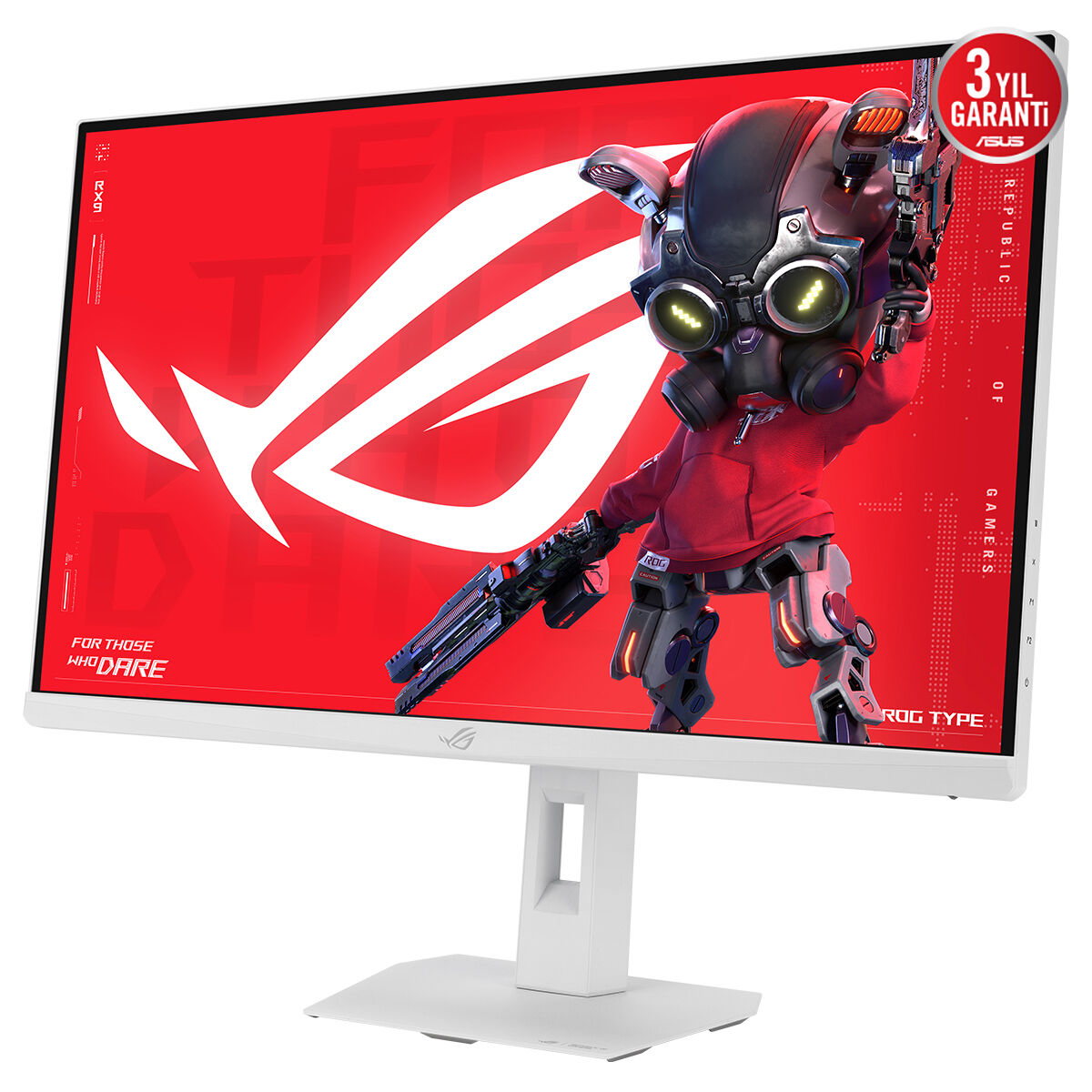 Robot karakteri ve ROG logosu gösteren kırmızı ekranlı beyaz monitör. 3 yıl garanti.