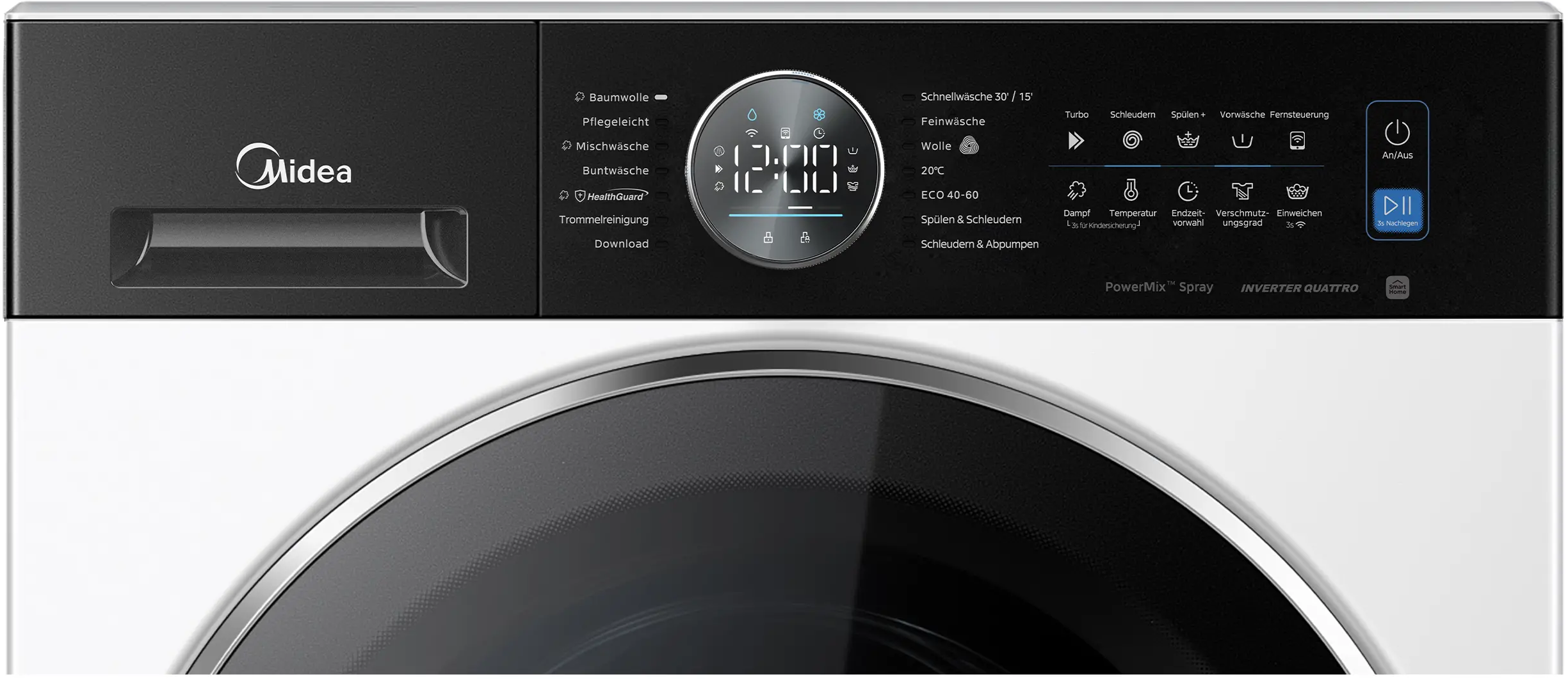 Bedienfeld einer Midea Waschmaschine mit digitalen Anzeigen und Programmtasten.