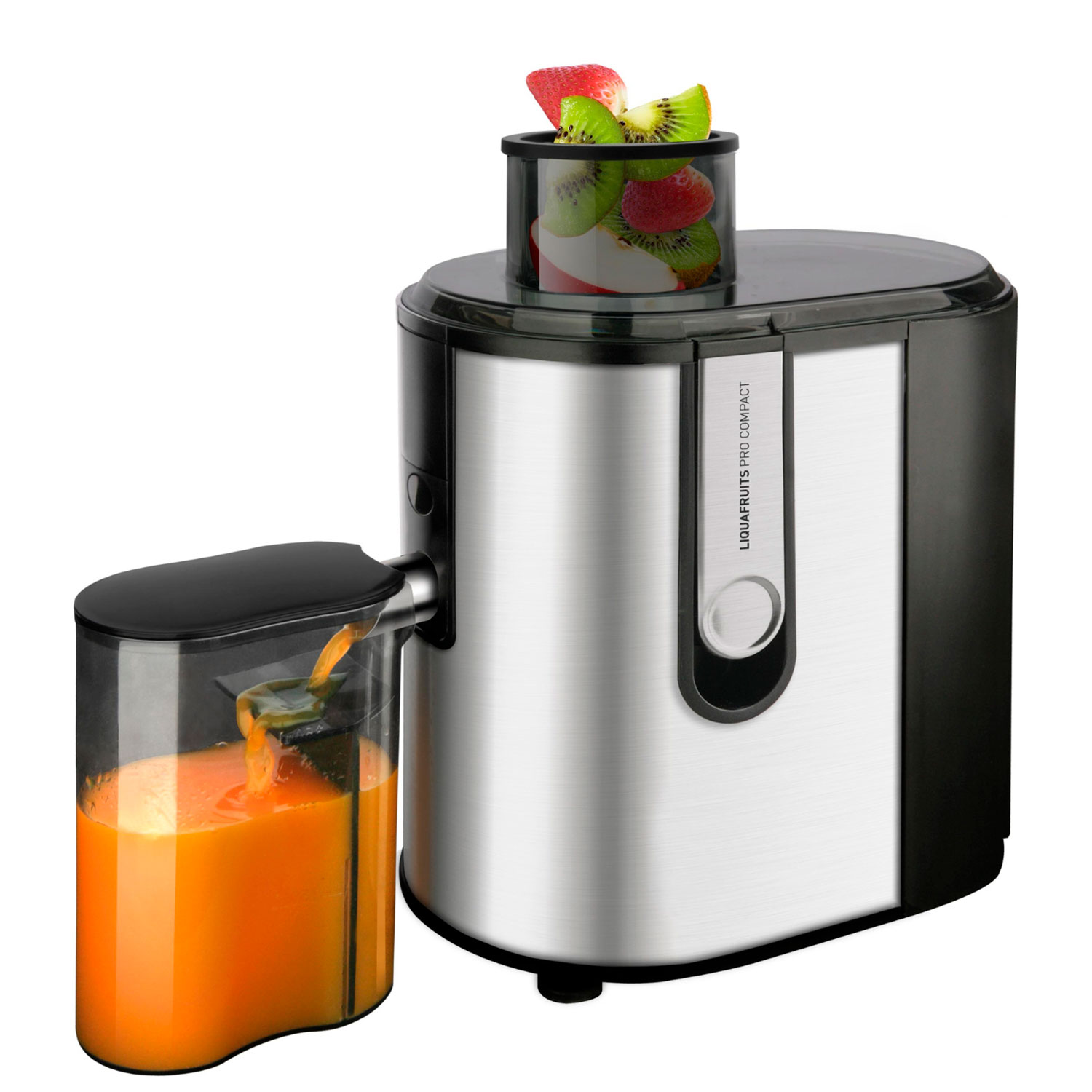 Un exprimidor lleno de fruta, goteando jugo en un recipiente.