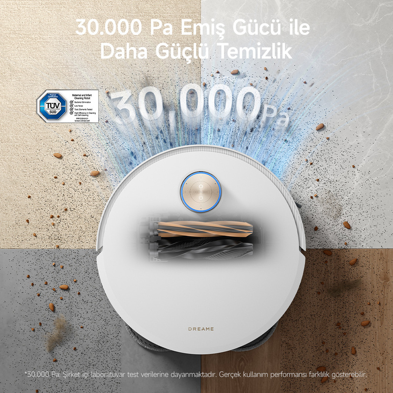 30.000 Pa emiş gücüne sahip beyaz robot süpürge, çeşitli yüzeylerdeki kirleri temizler.