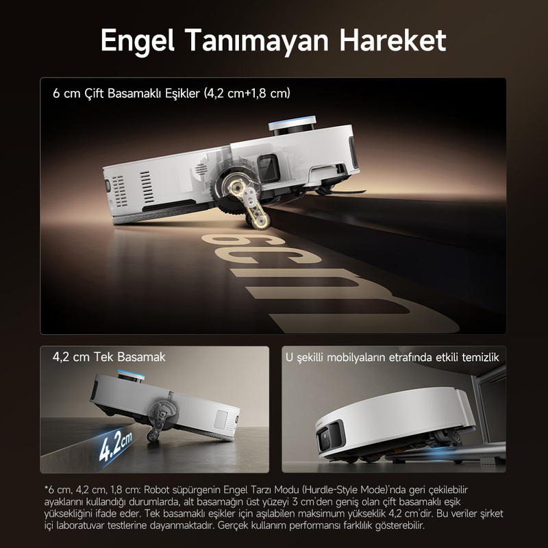 Beyaz robot süpürge 6 cm ve 4,2 cm'lik engelleri aşıyor.