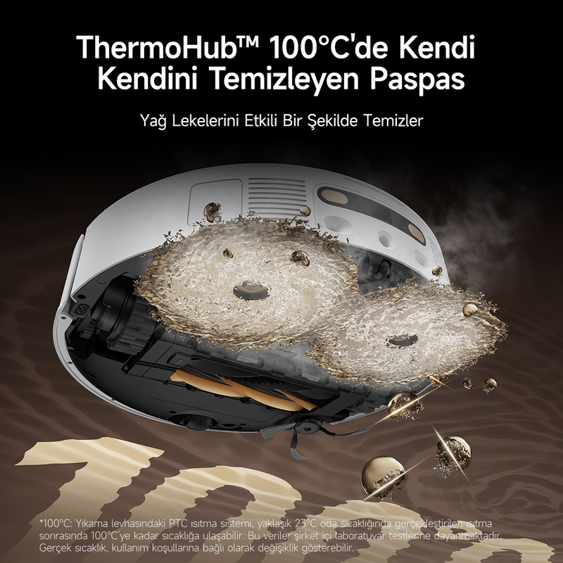 Robot süpürge, 100°C sıcak su ve atomize kir ile kendi kendini temizliyor.