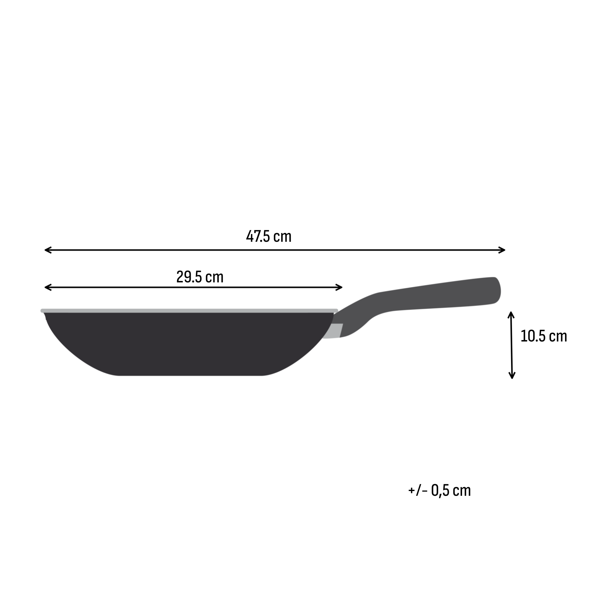 Fekete serpenyő nyéllel. Teljes hossz 47,5 cm, átmérő 29,5 cm.
