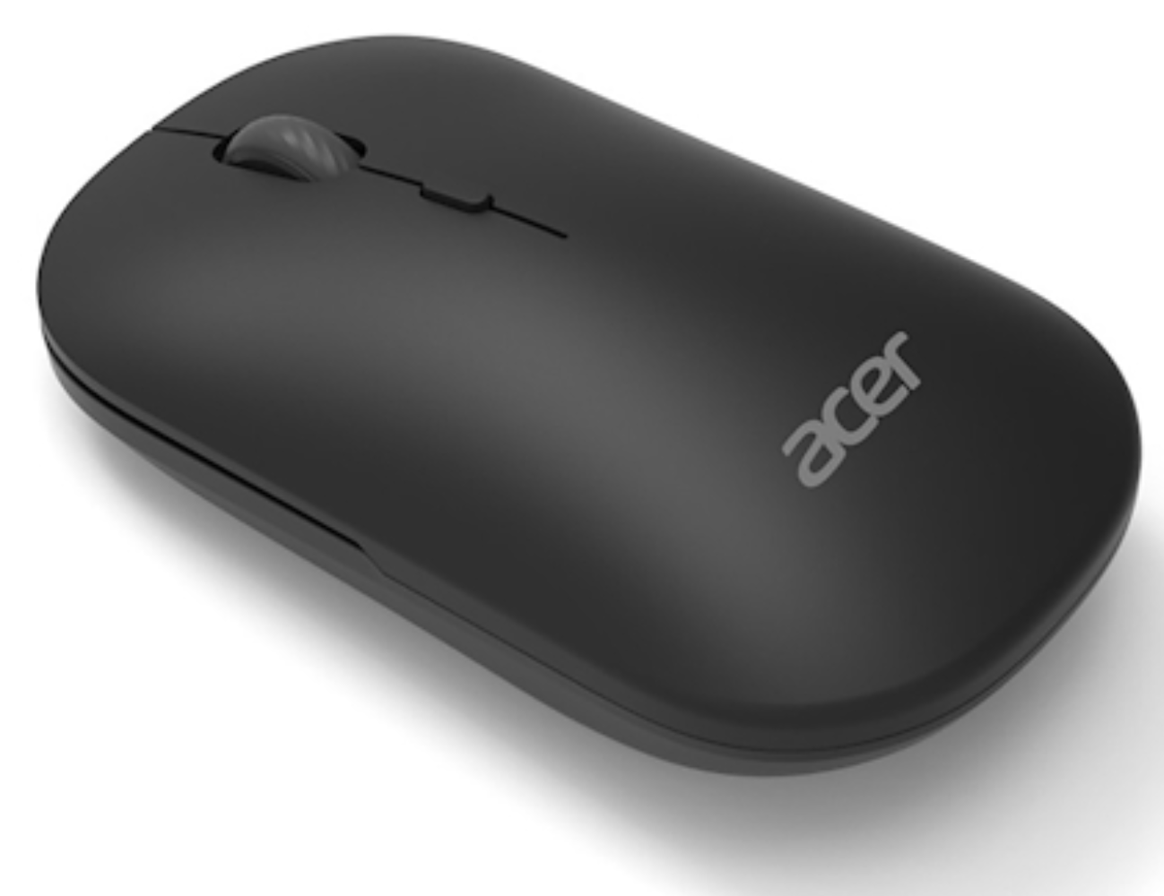 Un ratón Acer negro con rueda de desplazamiento y logo Acer visible.