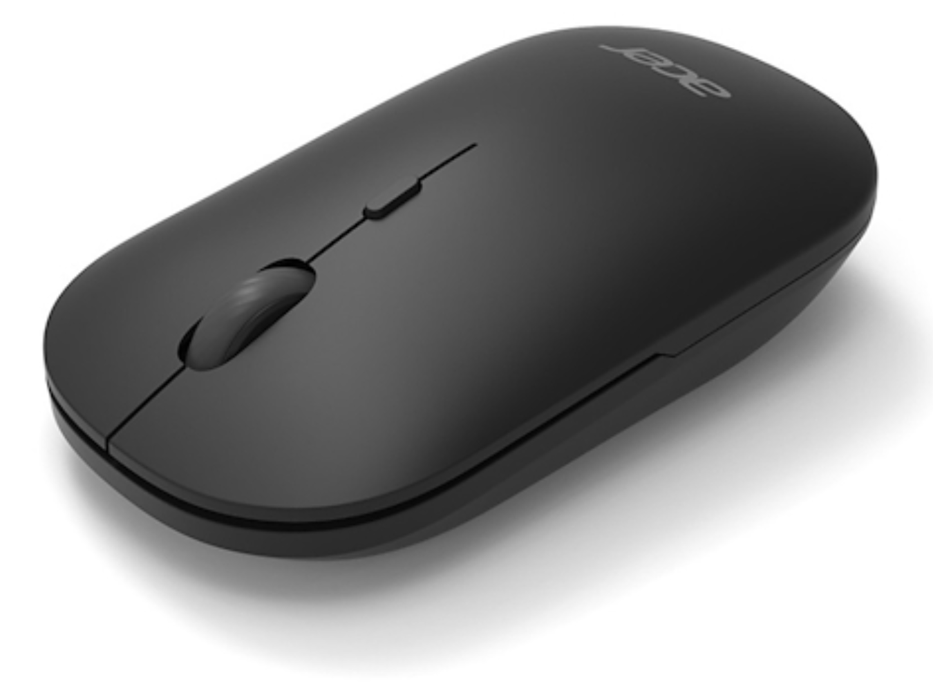 Un ratón de computadora Acer negro con rueda de desplazamiento y logo plateado.