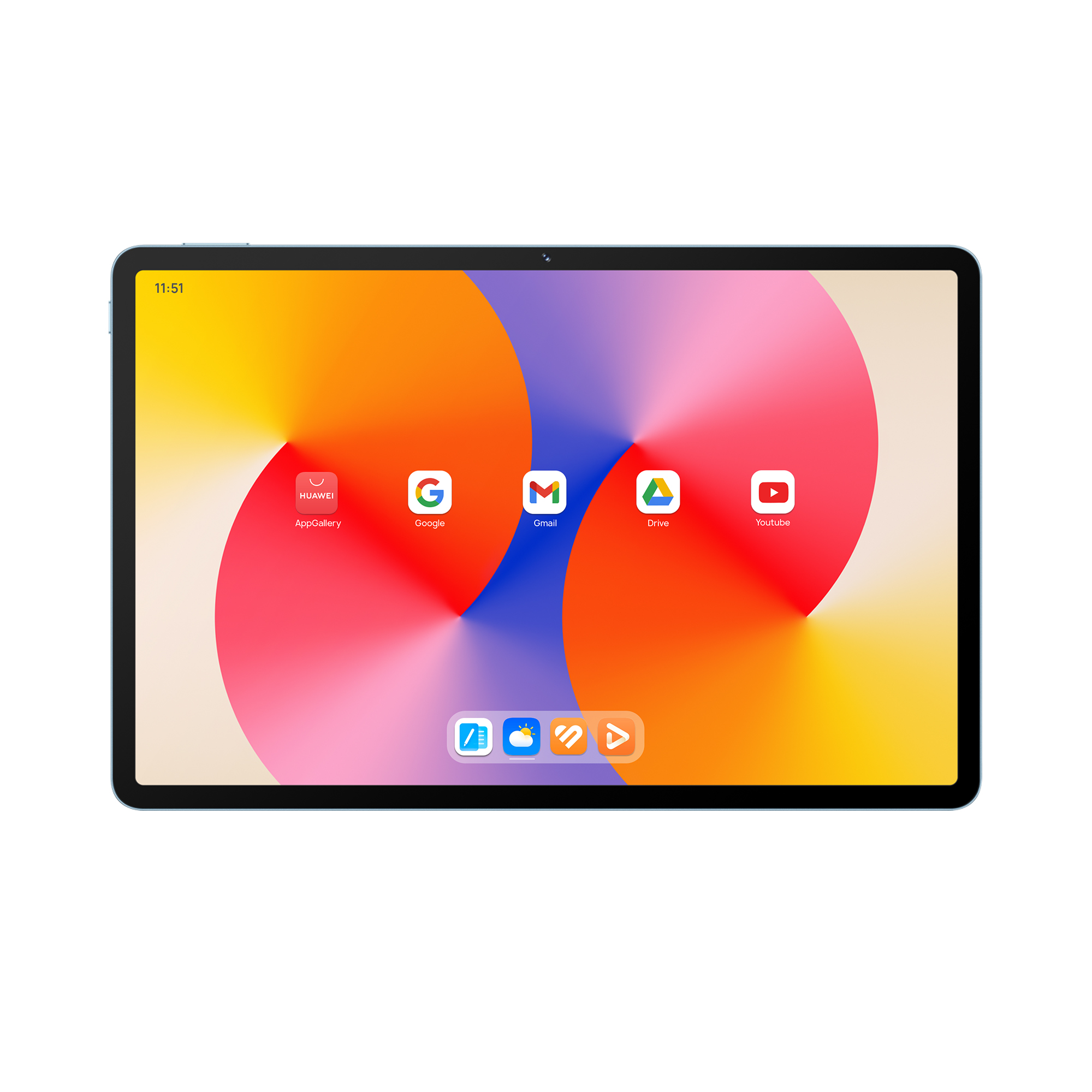 Renkli arka plana ve Google ve YouTube gibi uygulama simgelerine sahip bir tablet.