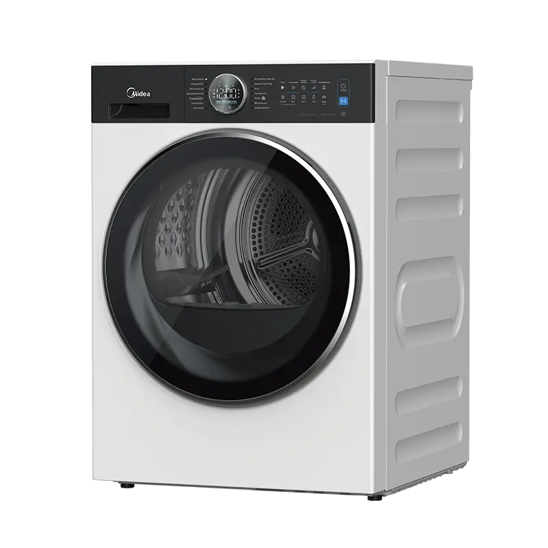 Ein weißer Midea-Trockner mit schwarzem Bedienfeld und großer Glastür.