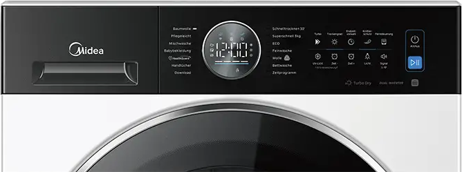 Bedienfeld einer Midea Waschmaschine mit digitaler Anzeige und Programmauswahl.
