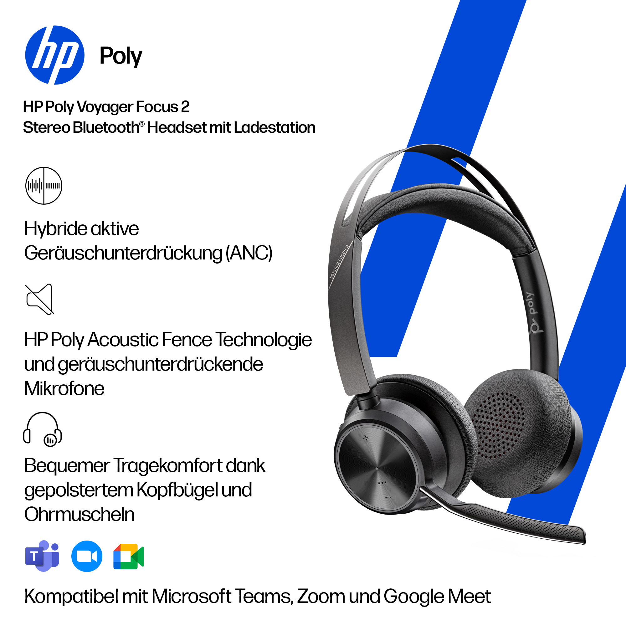 HP Poly Voyager Focus 2 Headset mit Mikrofon und ANC. Blaue Streifen im Hintergrund.