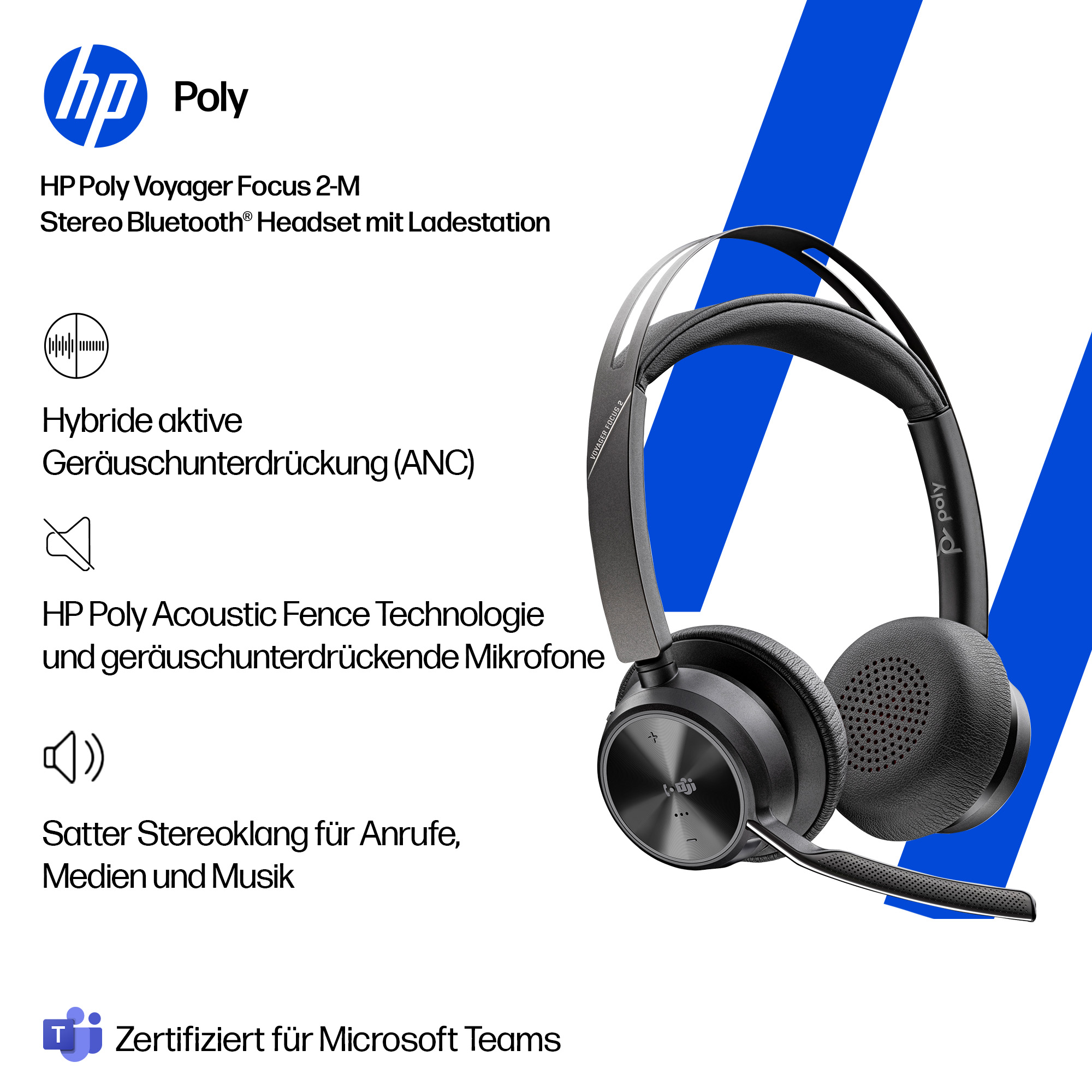 HP Poly Voyager Focus 2-M Stereo Headset mit Ladebasis, ANC, Mikrofon und Teams-Zertifizierung.