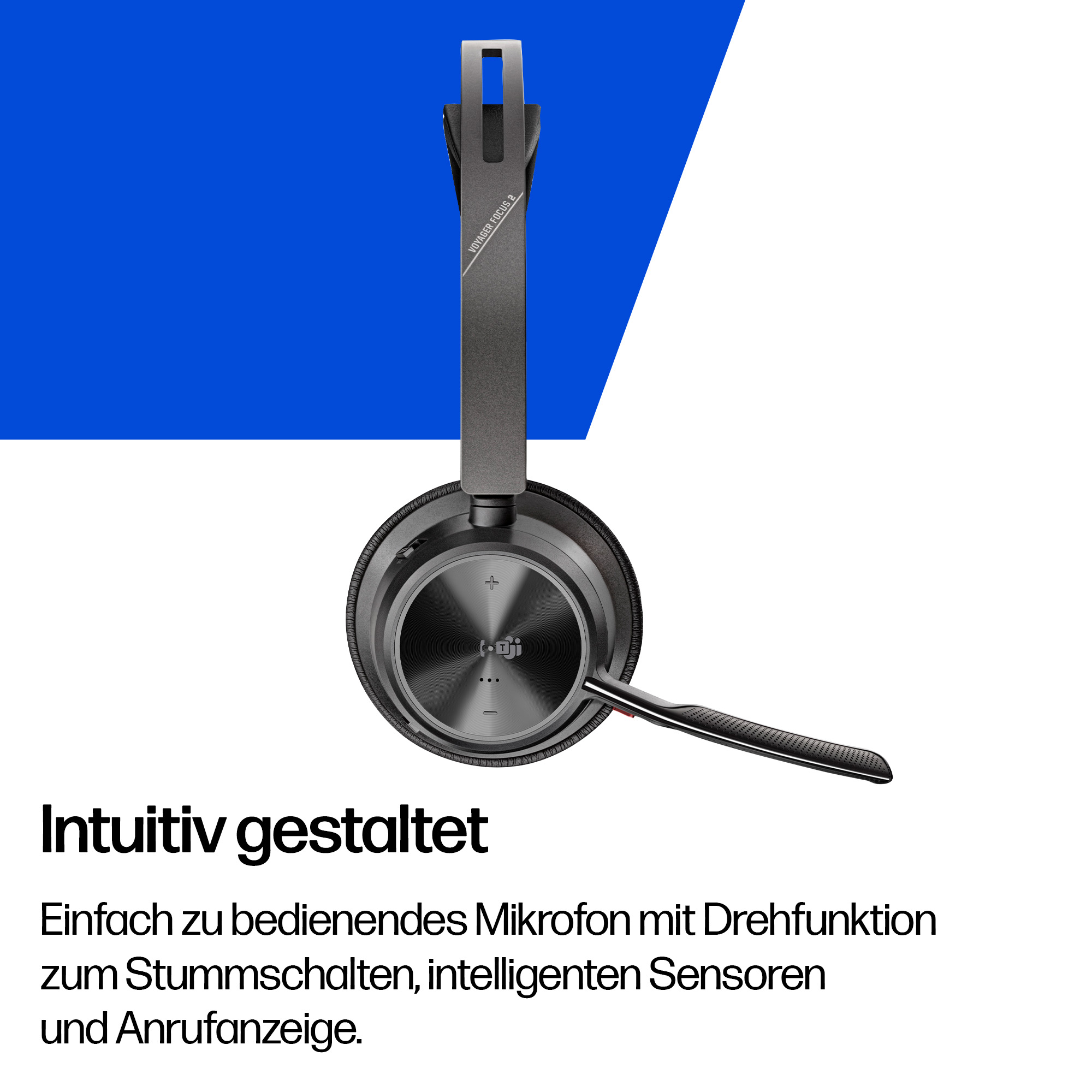 Ein grauer Headset mit Mikrofon, auf weißem und blauem Hintergrund.