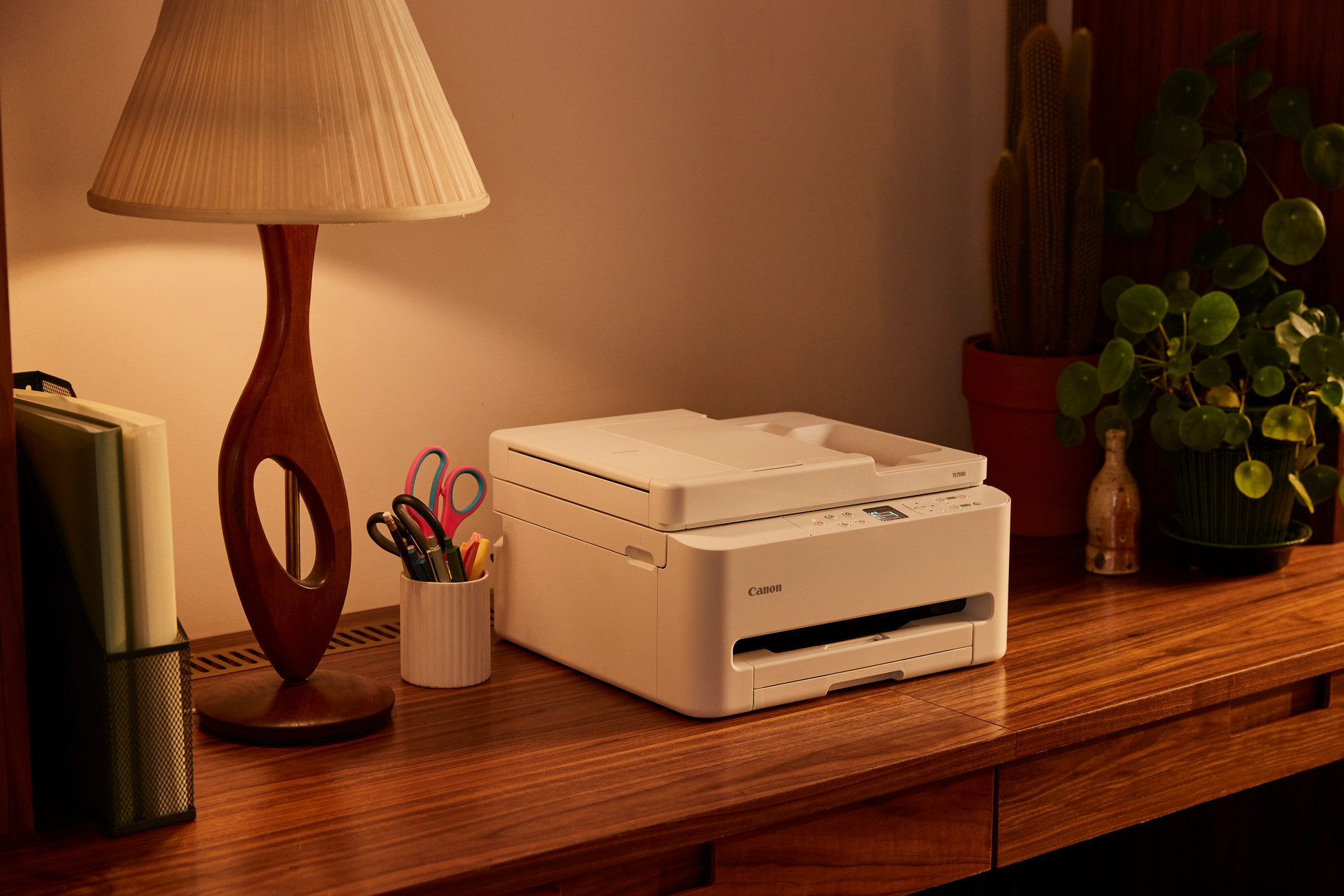 Biała drukarka stoi na drewnianym biurku obok podstawy lampy i roślin.