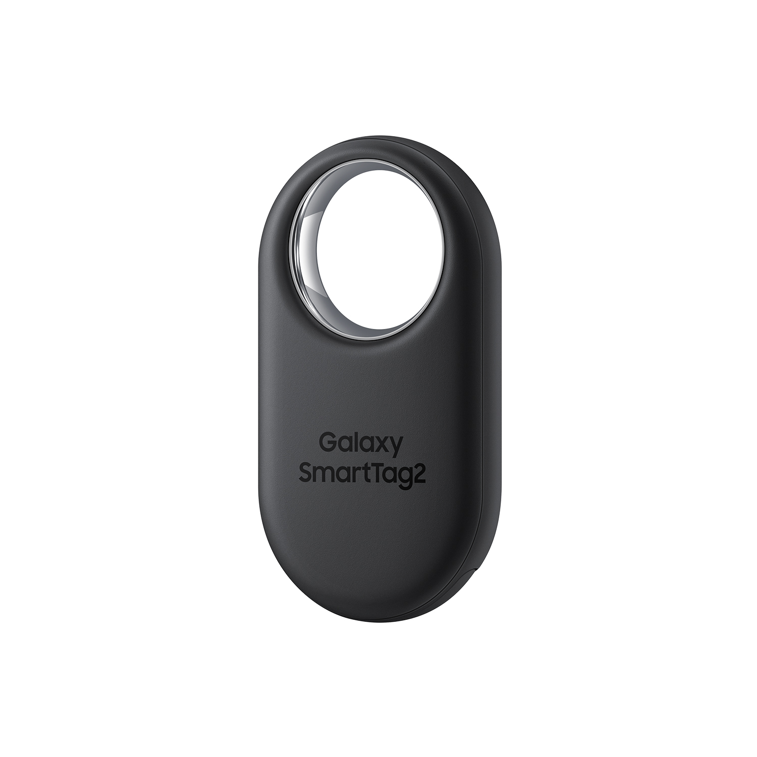 Galaxy SmartTag2 negro con anillo plateado sobre fondo blanco.