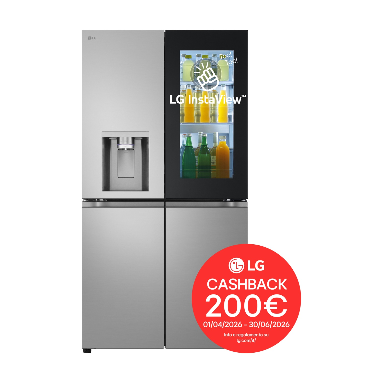Frigorifero LG InstaView argento con porta in vetro che mostra bevande. Cerchio rosso annuncia 200€ di cashback.