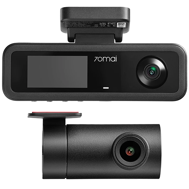 Dwa widoki czarnej kamery samochodowej 70mai z ekranem i obiektywem.