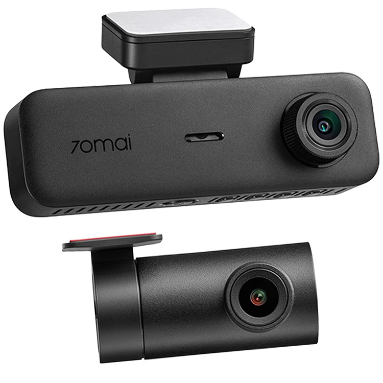 Dwa czarne wideorejestratory 70mai z obiektywami, na białym tle.