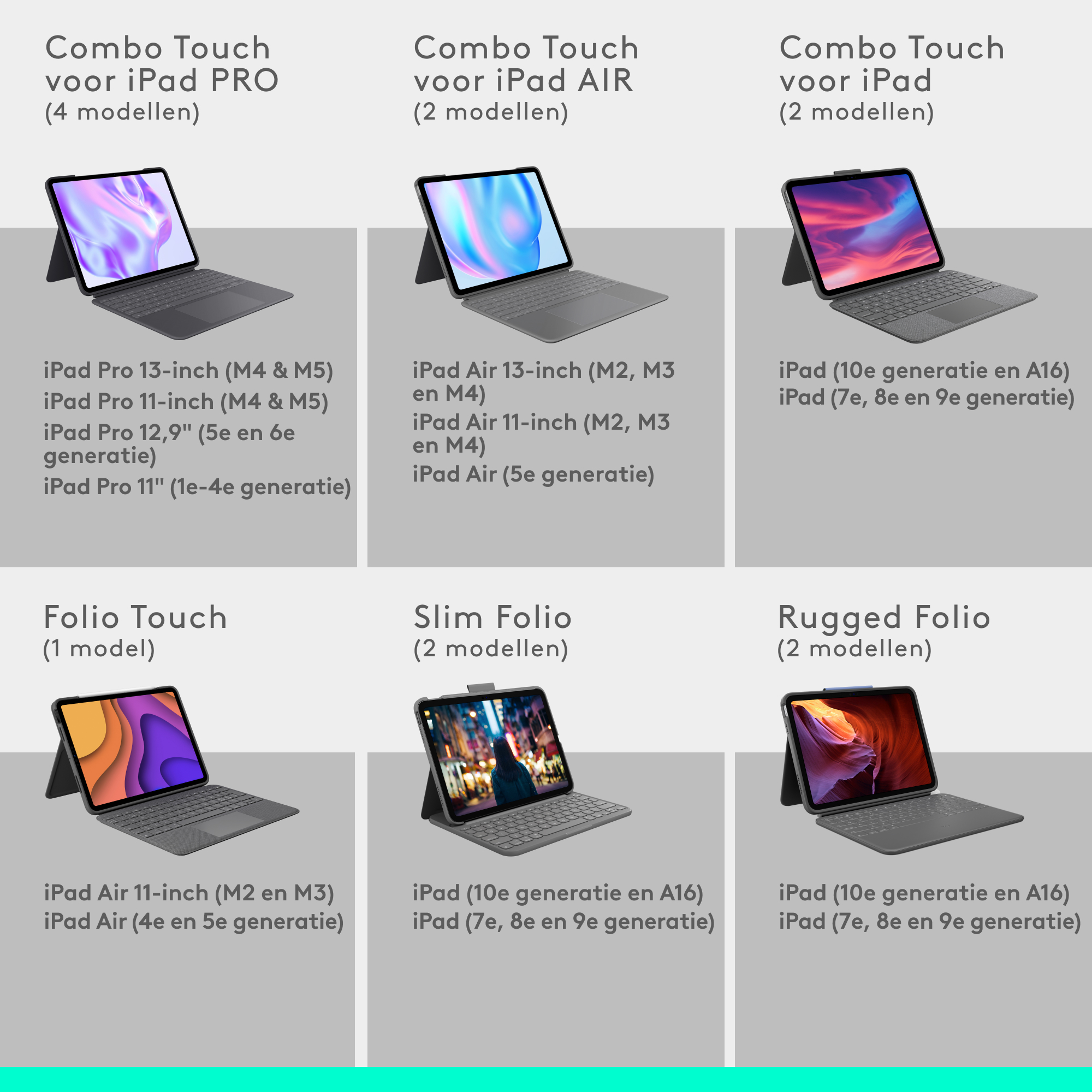 Diverse iPad hoezen en toetsenborden worden getoond.